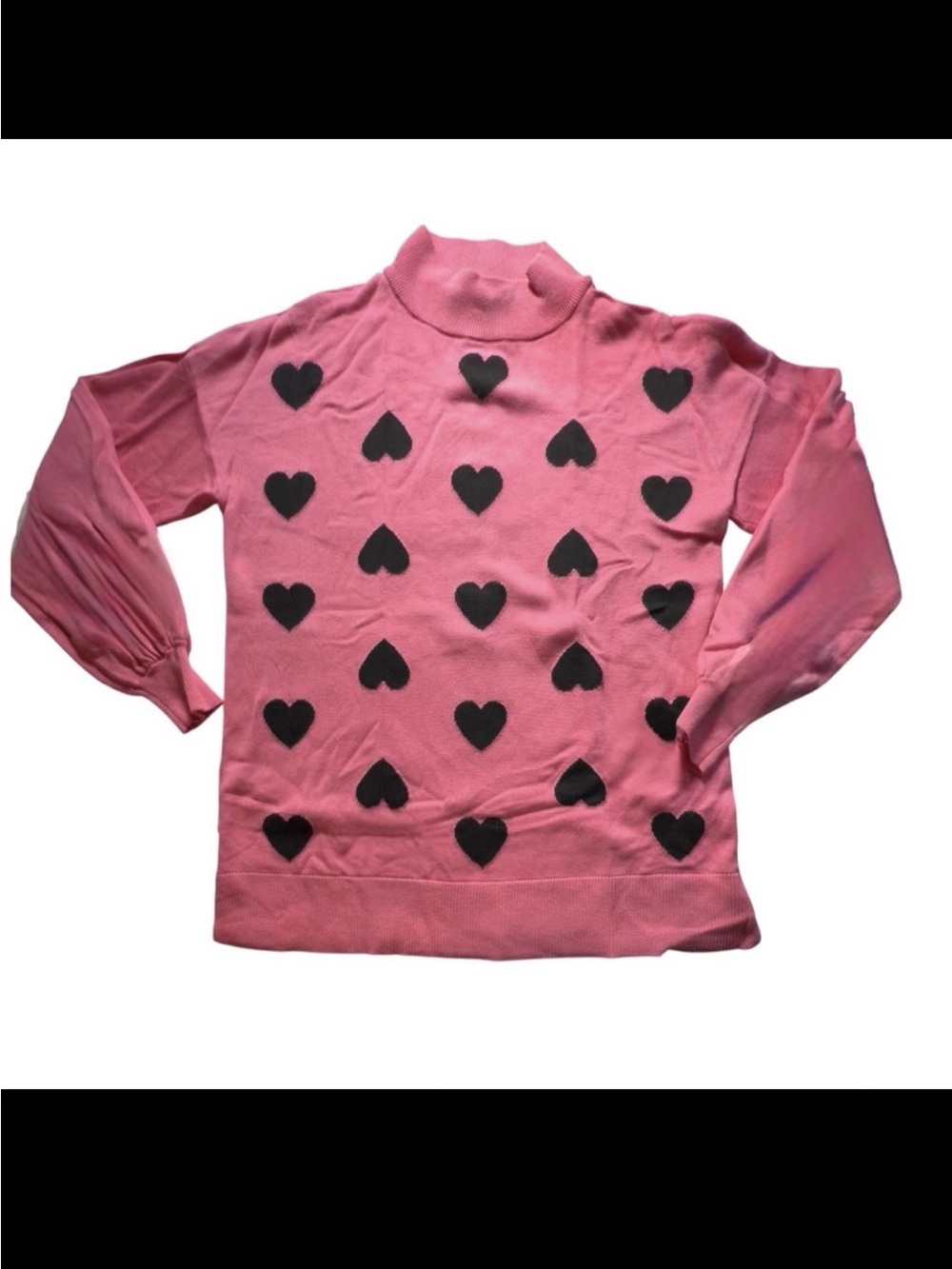 Belle by Kim Graves pink mock turtleneck sweater w/black hearts Women’s XS | ab8